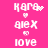 Pixelated white text on bright pink background shows 'kara', 'alex', and 'love' with small heart symbols, some frames displaying pixel clusters near 'kara'.