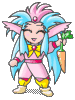 Pixelated character with blue hair, pink accents, and yellow boots holding a carrot-like object in one hand.