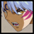 Pixelated anime-style character face with pink hair streak and light blue hair, next to red pixelated text on black background.