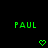 Green text 'PAUL' appears above pixelated heart and downward arrow symbols on a black background, with a gray rectangular overlay in the bottom-right corner.
