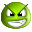 Green circular face with angry expression, two antennae-like protrusions, and a wide toothy grin showing sharp teeth.