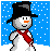 Pixelated snowman with black top hat and red scarf stands against blue background with white dots; text reads 'snowmen will take over the world' in varying pixel styles.