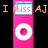 Pixelated pink device with circular white control, blue top bar, and partial text 'Miss' on screen flanked by 'I' and 'AJ' letters.