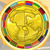 Circular golden coin with segmented rainbow border, pixelated rendering on light background.