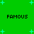 Green background with cyan star shapes and four instances of the word FAMOUS in black pixelated text arranged in a