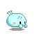Pixelated light blue character with small antennae, orange cheeks, and black eyes in four poses showing mouth opening and colorful particle effects.