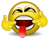 Yellow emoji face with closed eyes, red tongue extended, and both hands holding cheeks in a laughing pose
