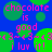 A static image with a blue background featuring green circular shapes and pink text reading "chocolate is good i luv it!" alongside repeated "<3~<3" symbols.