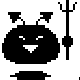 Two black pixelated figures with white eyes and mouths, each holding a trident-like weapon against a gray background.