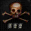Animated contact sheet of 8 frames showing a pirate-themed icon with skull-and-crossbones and a man's face, each frame displaying different text numbers below the symbols.