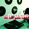 A static image with a teal background featuring multiple vinyl records and a turntable, overlaid with pink text reading "MUSIC is all you need.".