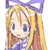Pixelated anime-style character icon with blonde hair, purple bow, and blue eyes on a white background.