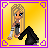 A 4x3 contact sheet of pixel art frames showing a blonde anime-style character and changing text about love, with yellow backgrounds and purple borders.