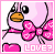 Pixelated cartoon bird with orange beak, black eyes, and pink bow on head against light pink background.