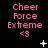 Pink text 'Cheer Force Extreme <3' on black background with white star and dot animations.