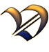 A stylized, curved shape with gradient coloring from gold to dark blue on a gray background.