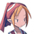 Pixelated 50x50 AIM buddy icon of a cartoon character with pink hair and blue clothing, viewed from the side against a white background.