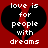 Red background with two identical black broken heart shapes, each containing white pixelated text reading "love is for people with dreams".