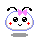 Pixelated cartoon head with pink bow, black antennae, red cheeks, and smiling mouth on gray background.