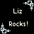 Black background with white pixelated text and geometric shapes; 'Liz' appears above 'Rocks!' in a pattern