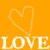 A static icon with a pixelated orange background, featuring a white outlined heart shape above the word 'LOVE' in large white block letters.
