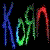 25 distinct 'Korn' text-based icons with varied styles, colors, and backgrounds including flames, neon effects, pixelated textures, and solid color fills