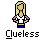 Pixel art of a blonde woman with long hair wearing a white crop top, purple shoulder accents, and blue pants against a plain background.