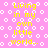 Pixelated text on a pink background with white circles and wavy lines, showing variations in letter spacing and punctuation across repeated sections.