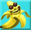 Pixelated banana character with sunglasses dancing on blue background in two animation frames.