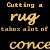 A static image with a black background displaying repeated text phrases in golden script, including "Cutting a rug" and "takes alot of," alongside partial words like "conceconcerncent" and "entratntratioration." A small inset photo shows a person with brown hair covering their face with one hand.