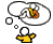 A 4-frame animated contact sheet showing a yellow stick figure with arms outstretched and a thought bubble containing an orange and white object that changes shape across frames.