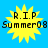 Yellow starburst shape with black text 'R.I.P Summer08' on solid blue background, four identical static frames displayed in a
