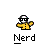 Pixel art icon of a cartoon character wearing glasses and a yellow jacket with arms outstretched, below which is the word "Nerd" in pixelated text on a gray background.