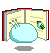 Animated pixel art contact sheet showing a light blue cloud-like character interacting with an open book across seven frames, displaying expressions from neutral to smiling and actions like peeking out or holding the book.