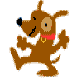 Brown cartoon dog with black nose and red collar, standing on hind legs in two distinct poses against white background.