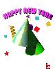 Animated 'HAPPY NEW YEAR' text above two party hats with confetti, changing positions across frames.