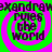 A static image with four identical circular text elements on a bright green background, each containing the phrase 'xandraw rules the world' in dark purple pixelated font.