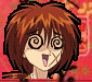 Pixelated anime-style character with brown hair and spiral eyes, mouth open in a smile, against red patterned background.