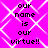 Pixelated text on a bright pink background with white diamond-shaped lines, repeating the phrase 'our name is our virtue!!' in four identical sections