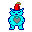 Pixelated blue creature with red hat and gray heart on chest, standing against gray background in first view.