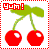 Two pixelated cherry icons with green leaves and red stems, one displaying 'Yum!' text in the top-left corner.
