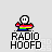 Pixelated character with rainbow-colored body holding a rainbow arc, text "RADIO HOOFD" below, and "OH SUPER!!!" in a speech bubble.
