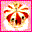 A red and white floral pattern icon with a central dark spot, displayed on a light pink background within a bright pink border.