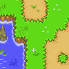 Pixel art scene showing a blue water body with white wave edges, green grassy terrain, and tan dirt patches containing small flowers.