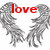 A static image of six heart-shaped winged icons with red text reading 'love' or 'LOVE' in various cases, arranged in two on a white background