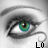 Pixelated close-up of a human eye with green and blue iris hues, black eyelashes, gray eyebrow, white sclera, and partial visible text 'L0' in bottom-right corner.