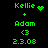 Green pixelated text and symbols on black background with two distinct animation states showing Kellie's name changing from heart to sparkles.