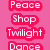 Four distinct color variations of a pixelated text-based icon featuring 'Peace', 'Shop', 'Twilight', and 'Dance' in stacked order on different backgrounds.