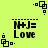 A bright yellow background displays four identical pixelated text blocks with "N+J= Love" and dashed lines above, surrounded by small black square-and-dot patterns.