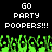 Pixelated text reads 'GO PARTY POOPERS!!!' in white on black background with green pixelated figures below.